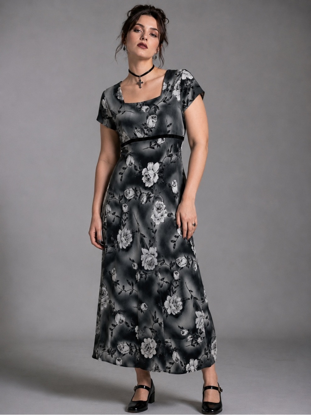 Vintage goth floral maxi dress baby doll size XL 90s dark romantic empire waist